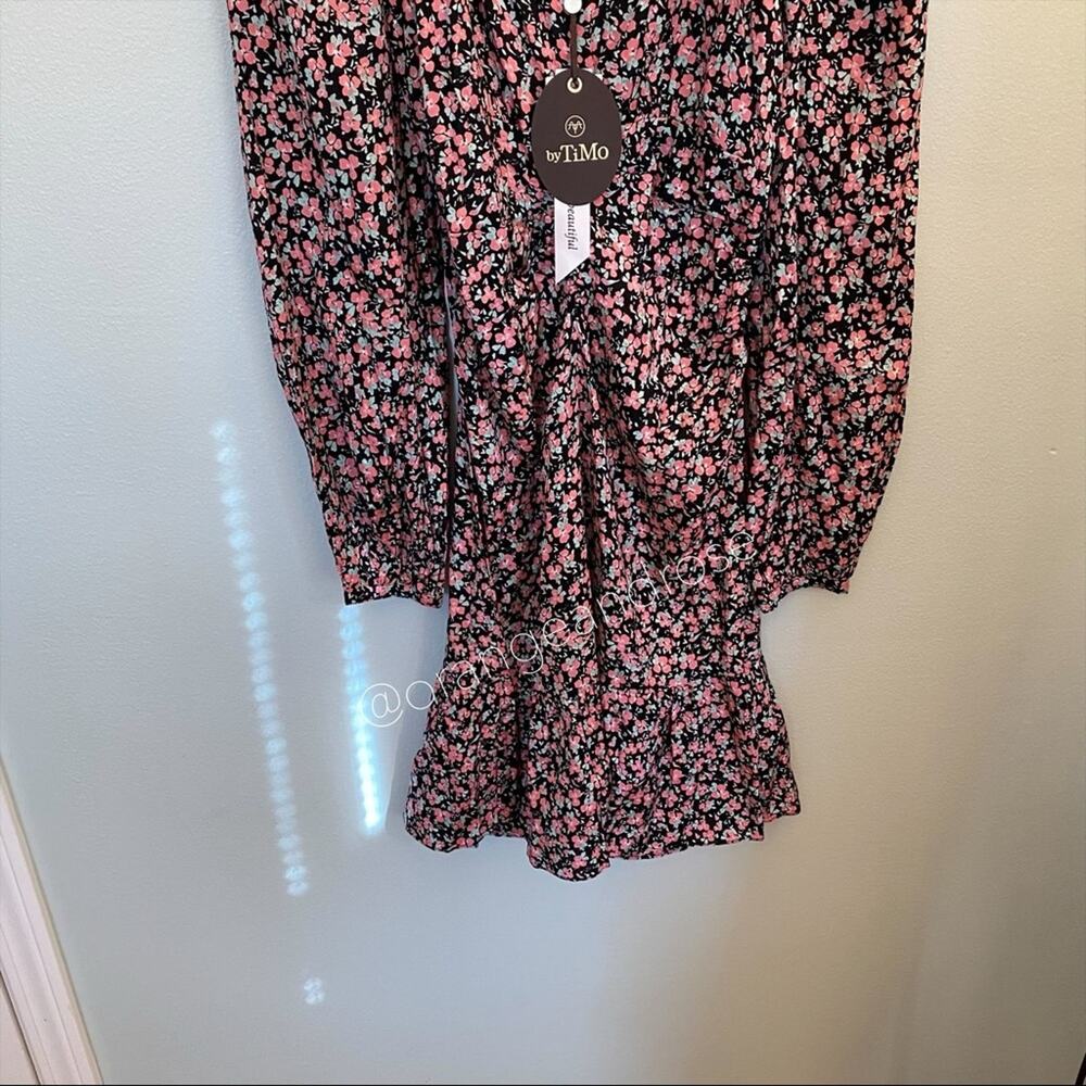 NWT byTiMo Black Pink Viscose Floral Puff Long Sleeve Mini Dress Ditsy Large L - Picture 14 of 14